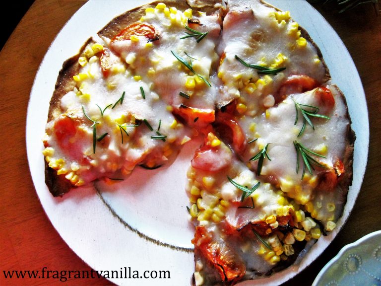 Vegan Roasted Tomato Sweet Corn Pizza with Rosemary Fragrant Vanilla Cake
