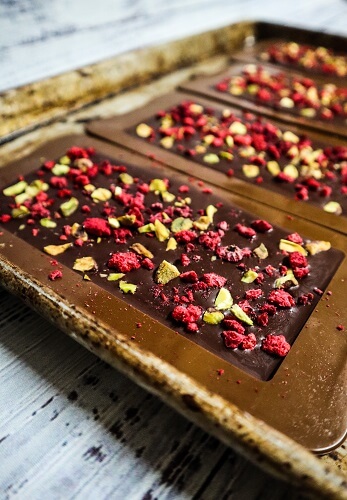 Vegan Raspberry Pistachio “Milk” Chocolate Bars