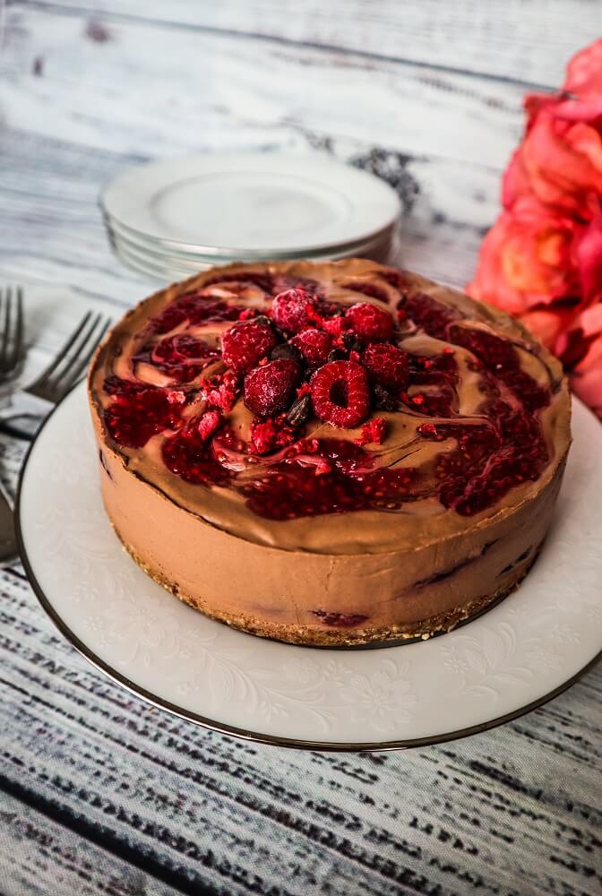 Vegan Raspberry Swirled Chocolate Cheesecake