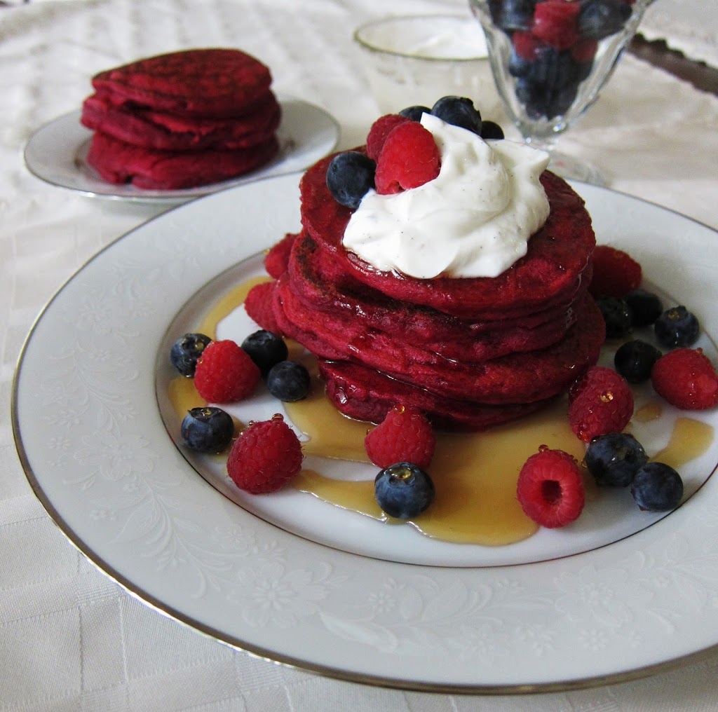 Vegan Red Velvet Pancakes with Coconut Cream and Berries