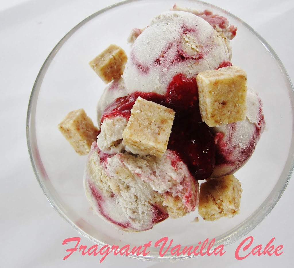 Raw Vanilla Cake Ice Cream with Raspberry Swirl