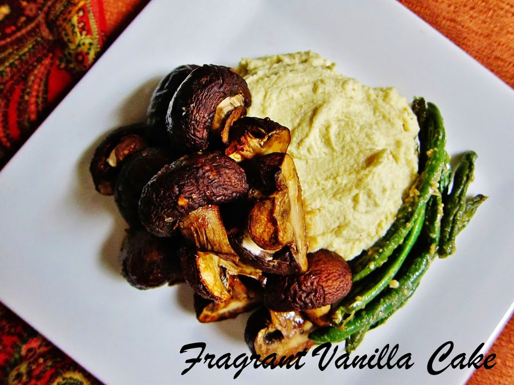 Raw Miso “Roasted” Mushrooms and Green Beans with Rich Parsnip Puree