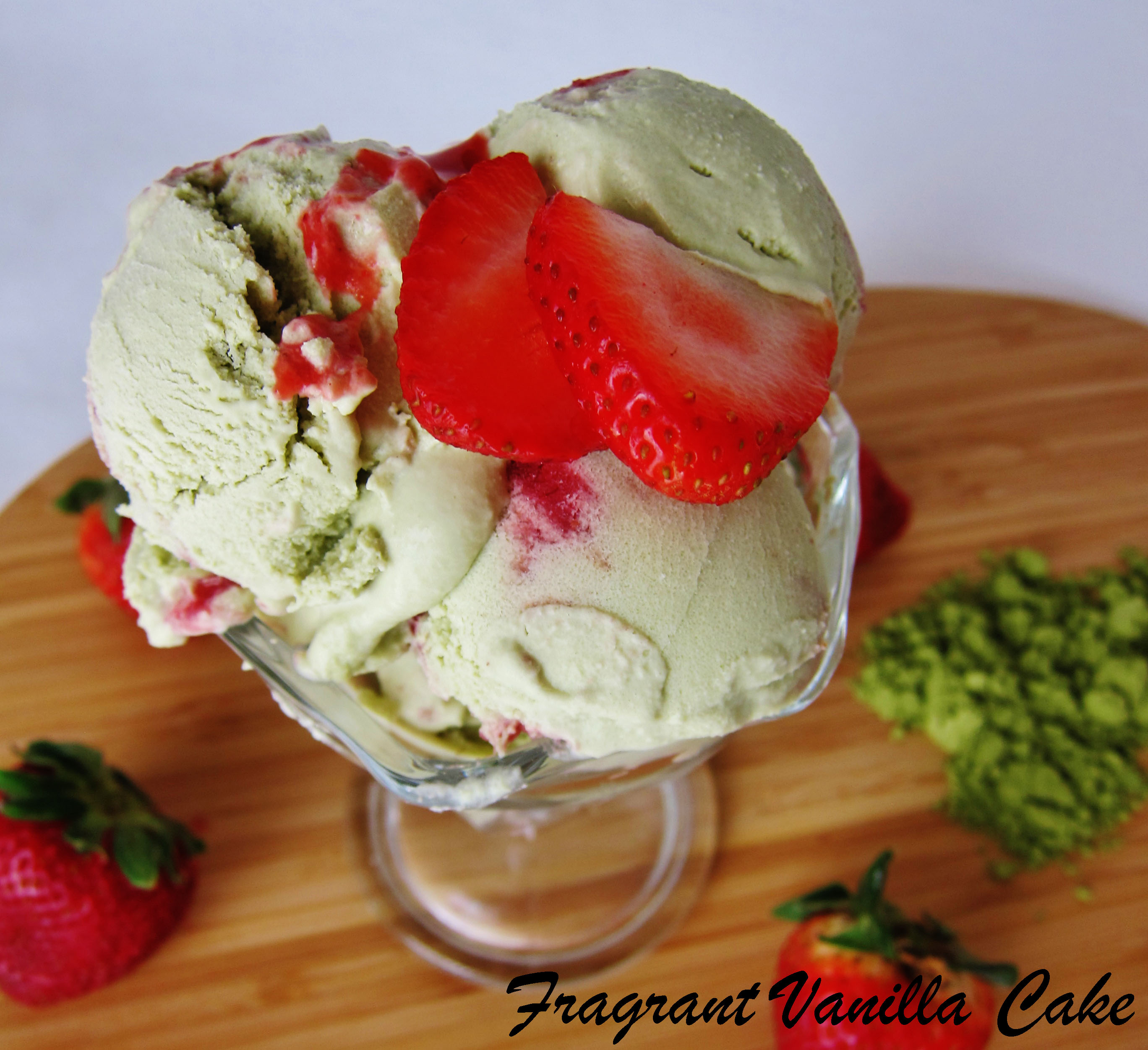 Raw Green Tea Ice Cream with Strawberry Swirl