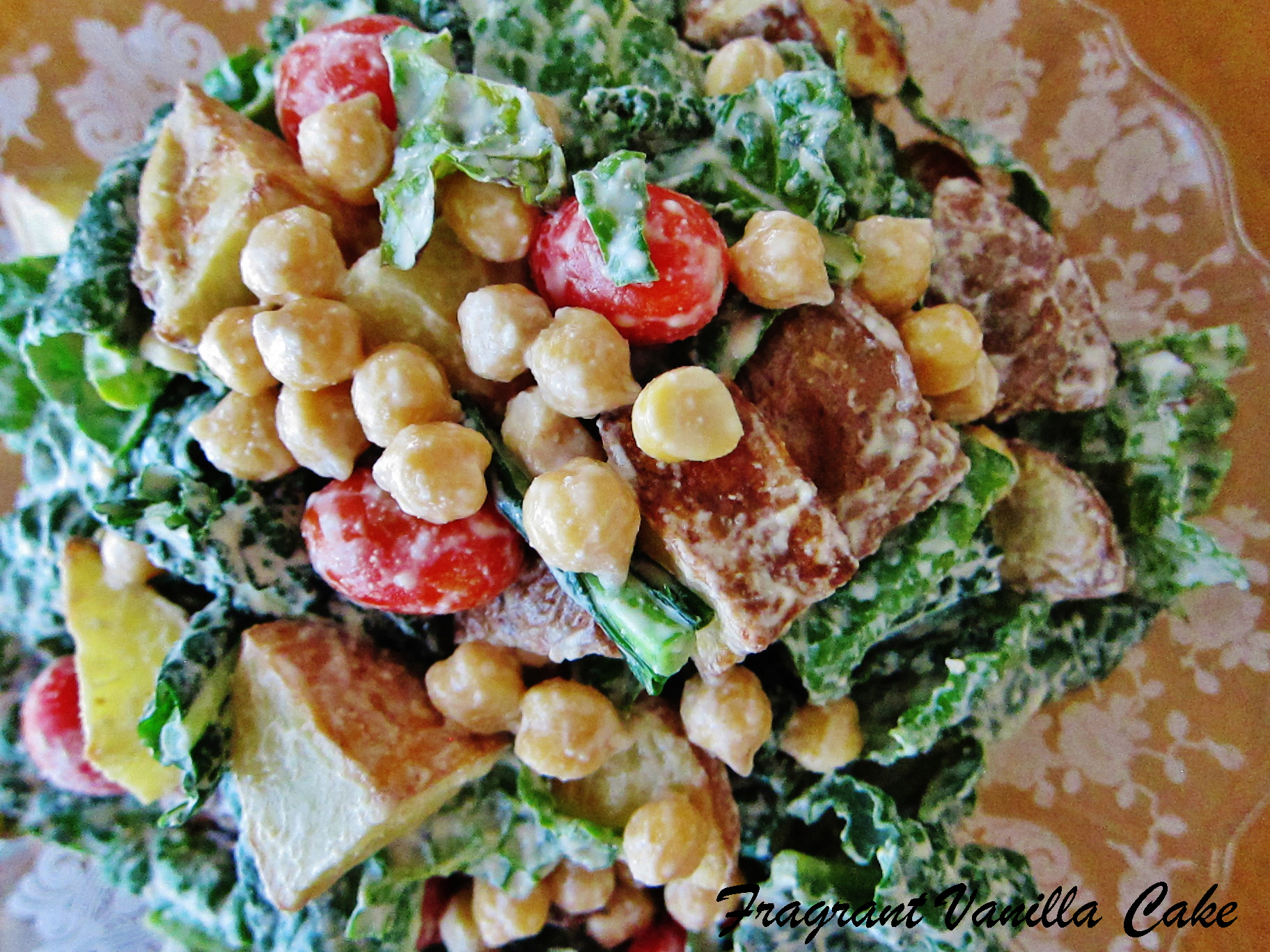 Garlicy Kale Salad with Roasted Potatoes and Chickpeas