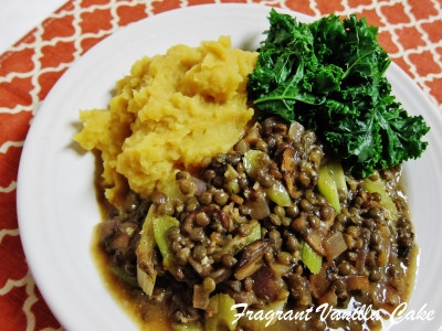 Lentils in mushroom gravy with sweet and gold mashed potatoes