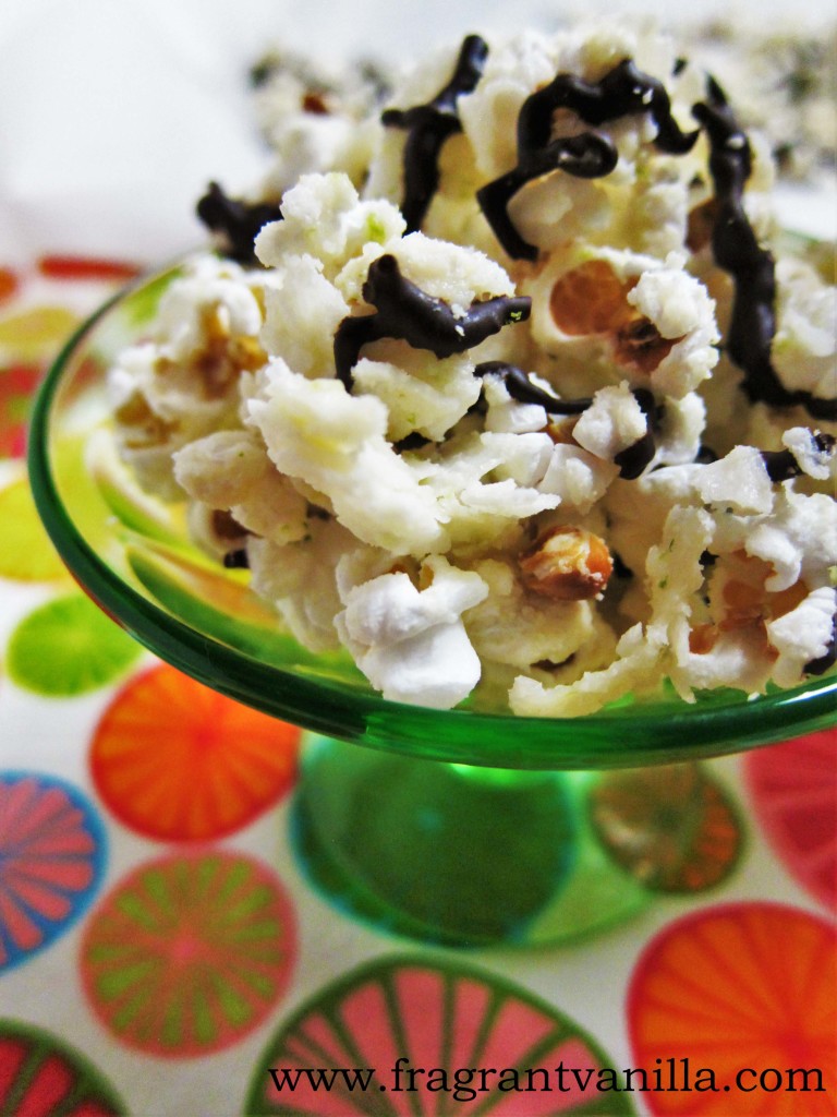 Coconut Lime Popcorn with Dark Chocolate Drizzle Fragrant Vanilla Cake