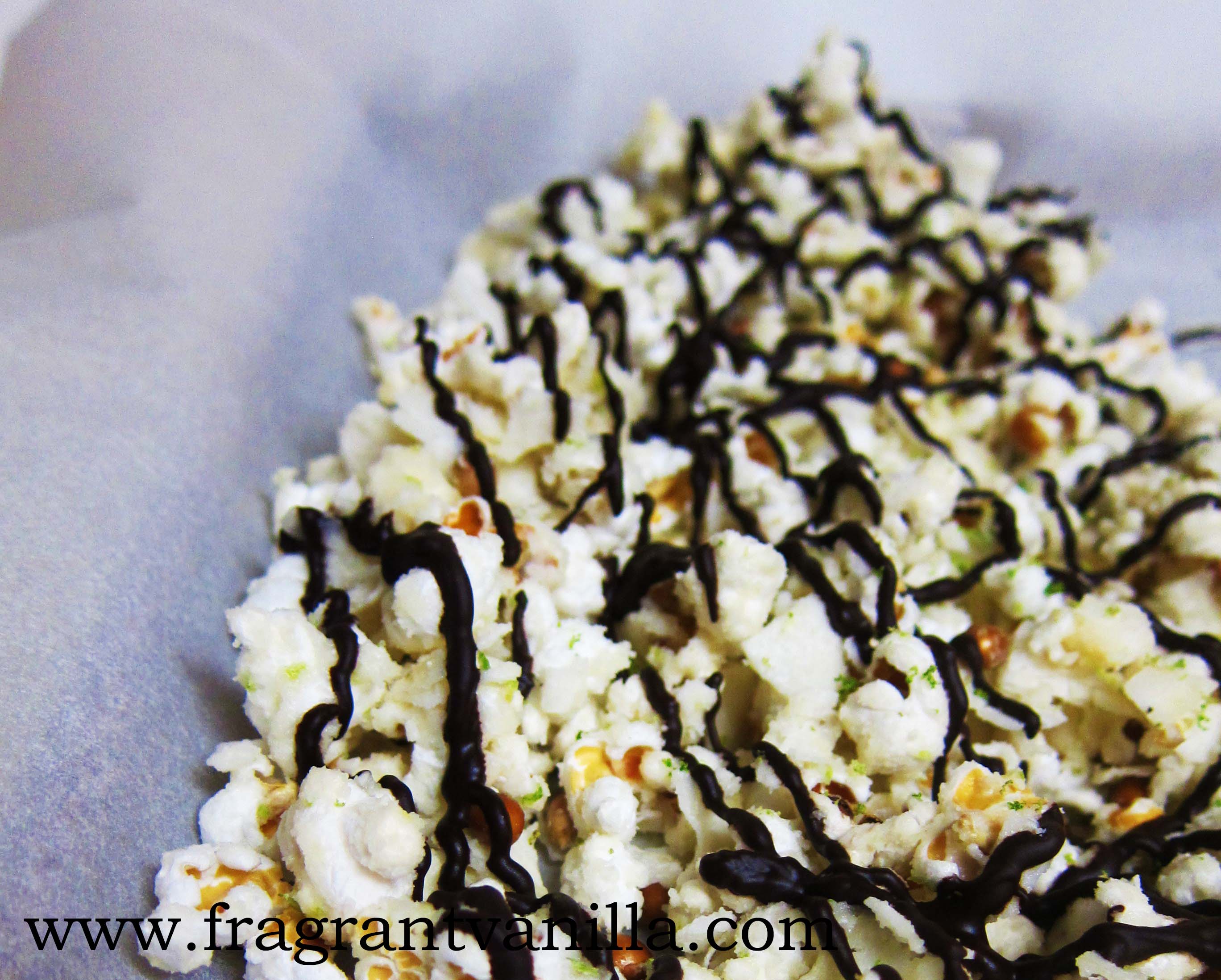 Coconut Lime Popcorn with Dark Chocolate Drizzle