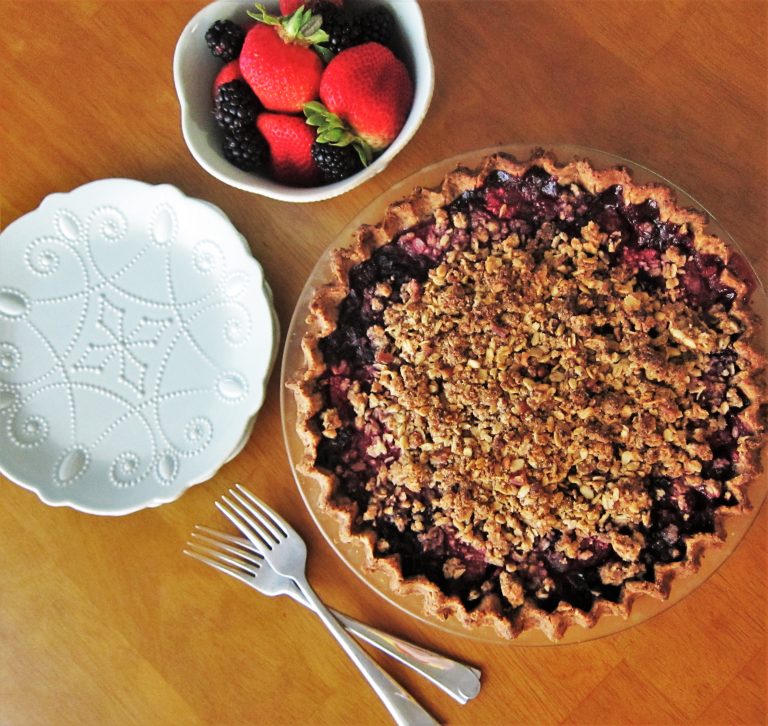 Vegan Mixed Berry Pie with Pecan Crumble Topping Fragrant Vanilla Cake
