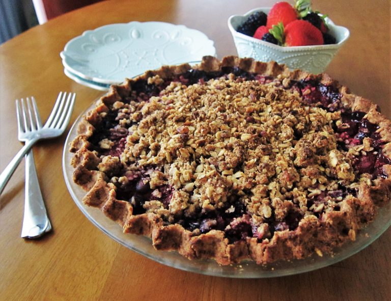 Vegan Mixed Berry Pie with Pecan Crumble Topping Fragrant Vanilla Cake