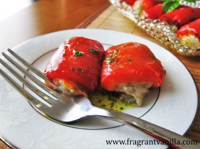 Vegan Roasted Red Peppers Stuffed with Basil Chevre