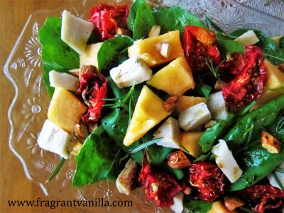 Summer Cantalope, Sun Dried Tomato and Chevre Salad