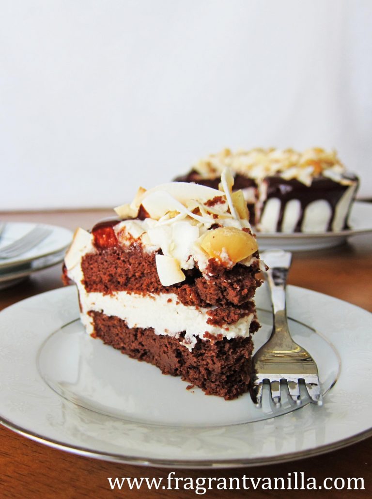 Vegan Dark Chocolate Coconut Macadamia Cake | Fragrant Vanilla Cake