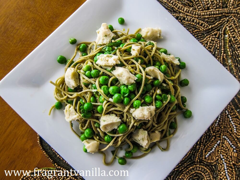 Spring Minted Pea Pasta and Vegan Garlic Chive Cheese