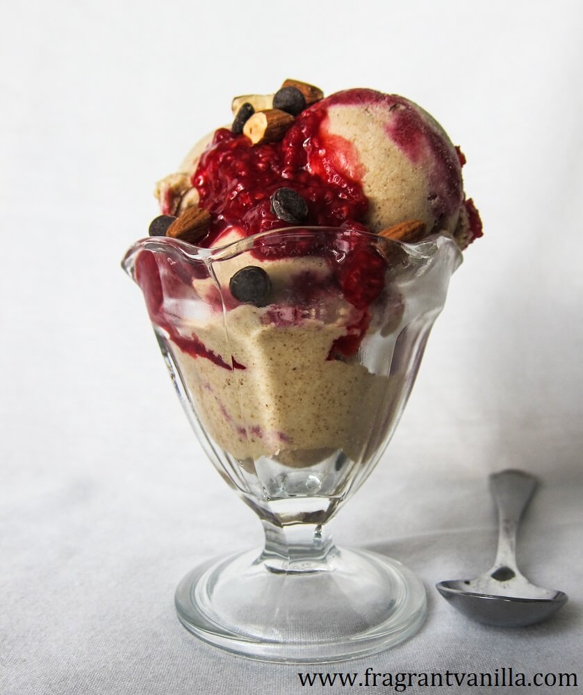 Vegan Toasted Almond Raspberry Ripple Chocolate Chip Ice Cream