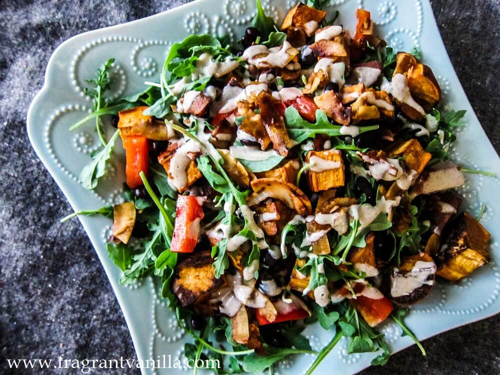 Roasted Yam, Coconut Bacon and Black Bean Salad with Miso Almond Dressing