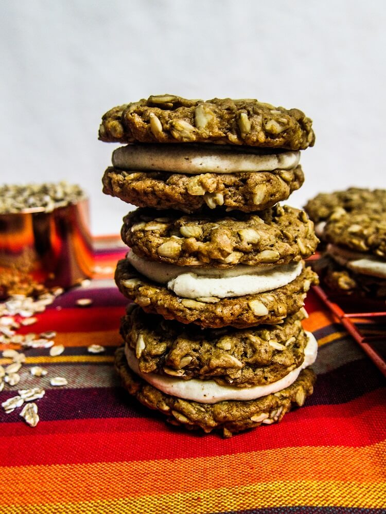 Vegan Almond Oatmeal Cookie Sandwiches with White Chocolate Cream
