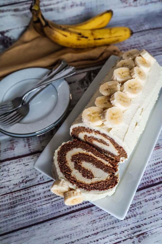 Vegan Banana Cake Roll with Cream Cheese Filling